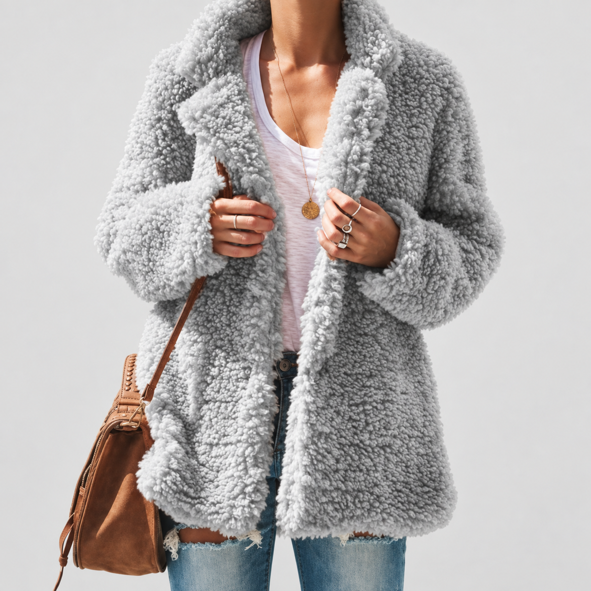 Women's Oversized Teddy Notch Collar Coat in Light Grey — view 1
