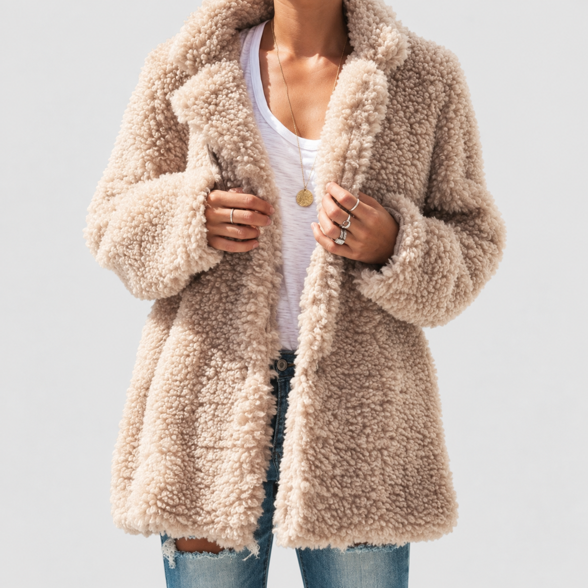 Women's Oversized Teddy Notch Collar Coat in Apricot — view 2