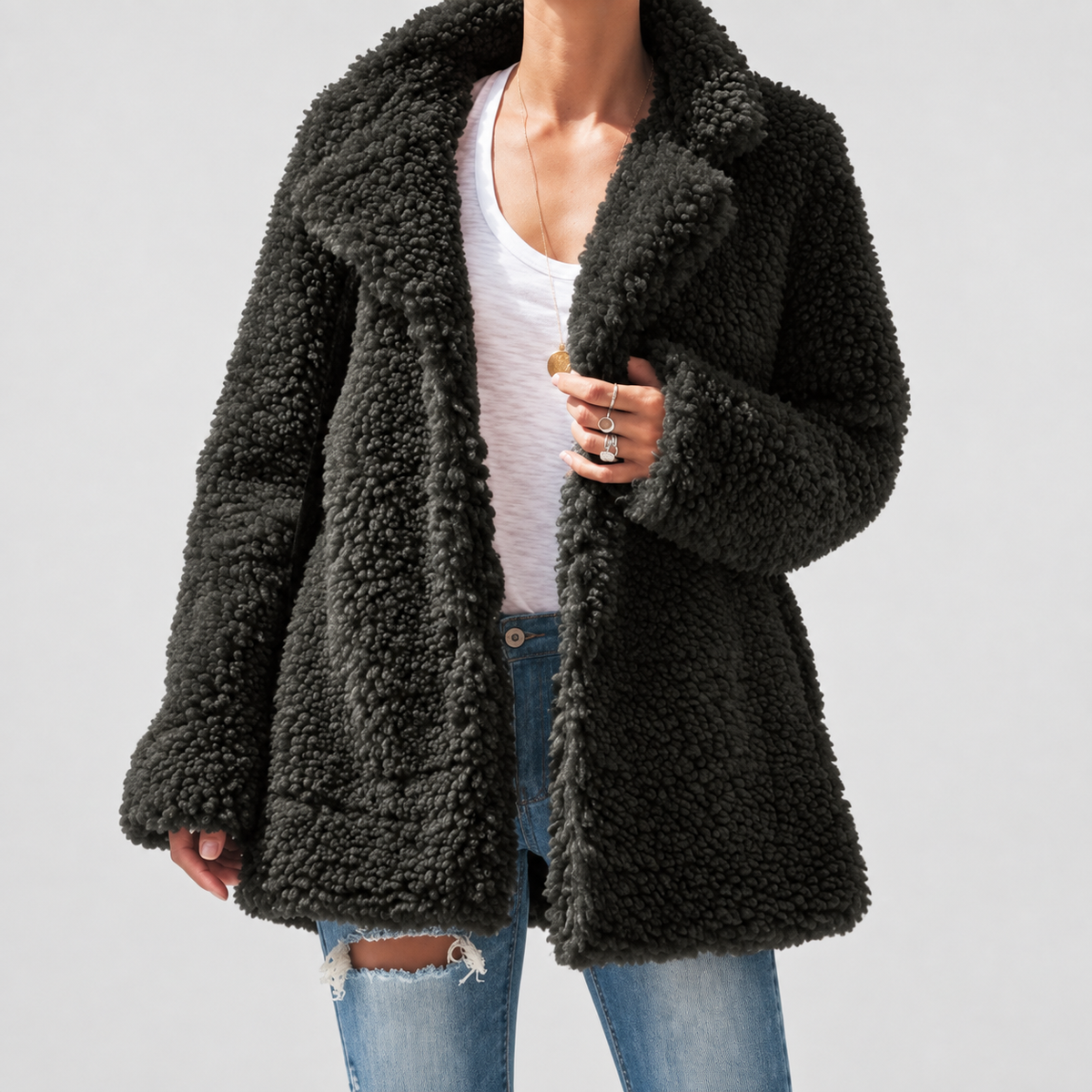 Women's Oversized Teddy Notch Collar Coat in Dark Green — view 5