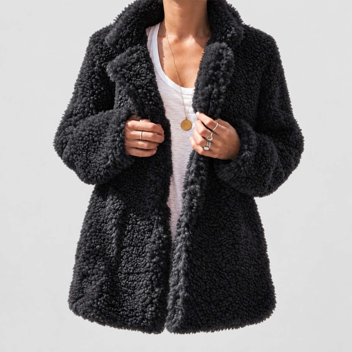 Women's Oversized Teddy Notch Collar Coat in Dark Grey — view 6
