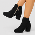Women's Black Faux Suede Block-Heel Ankle Boots with Gold-Tone Heart Zip in Black — view 1