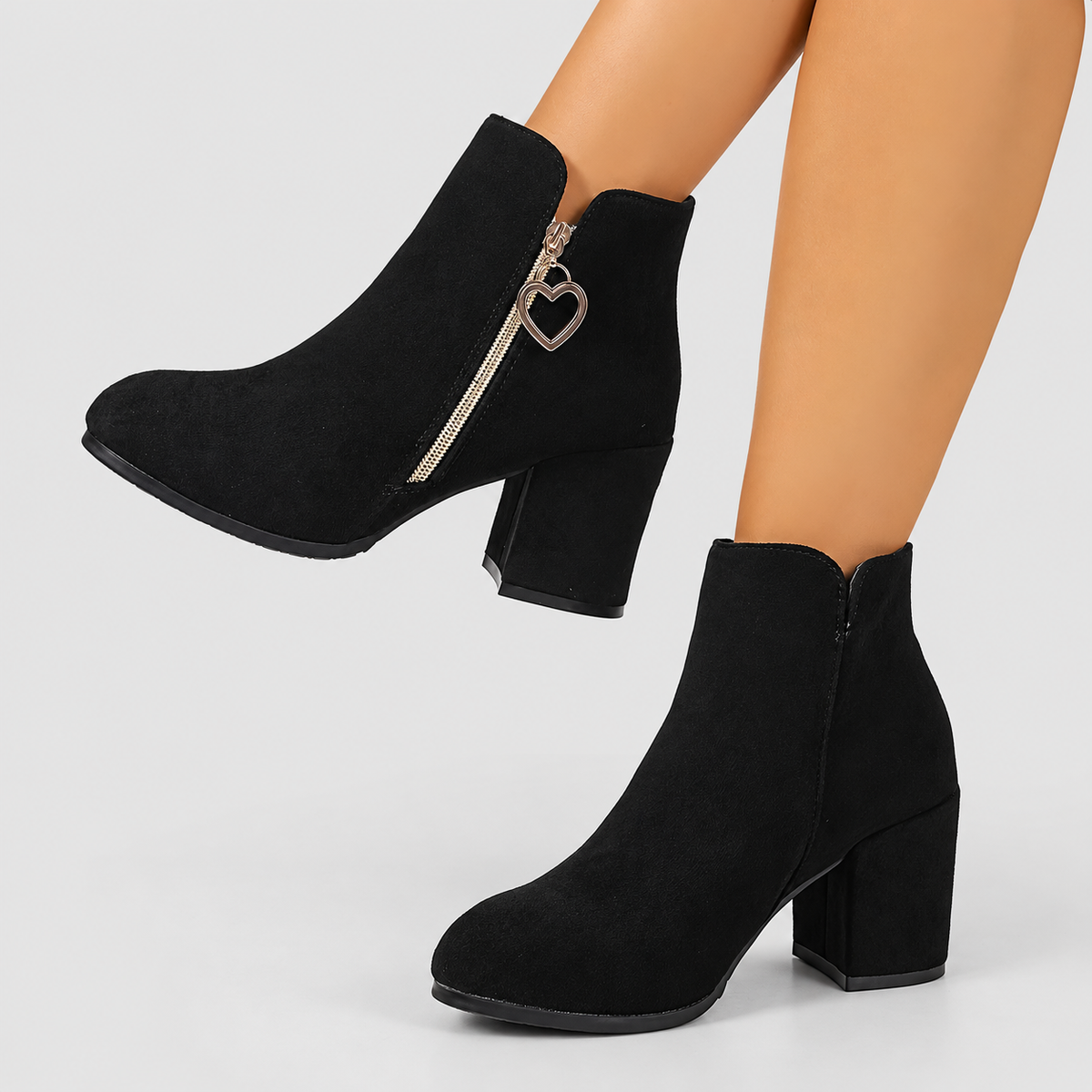 Women's Black Faux Suede Block-Heel Ankle Boots with Gold-Tone Heart Zip in Black — view 1