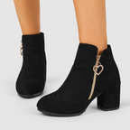Women's Black Faux Suede Block-Heel Ankle Boots with Gold-Tone Heart Zip — view 2
