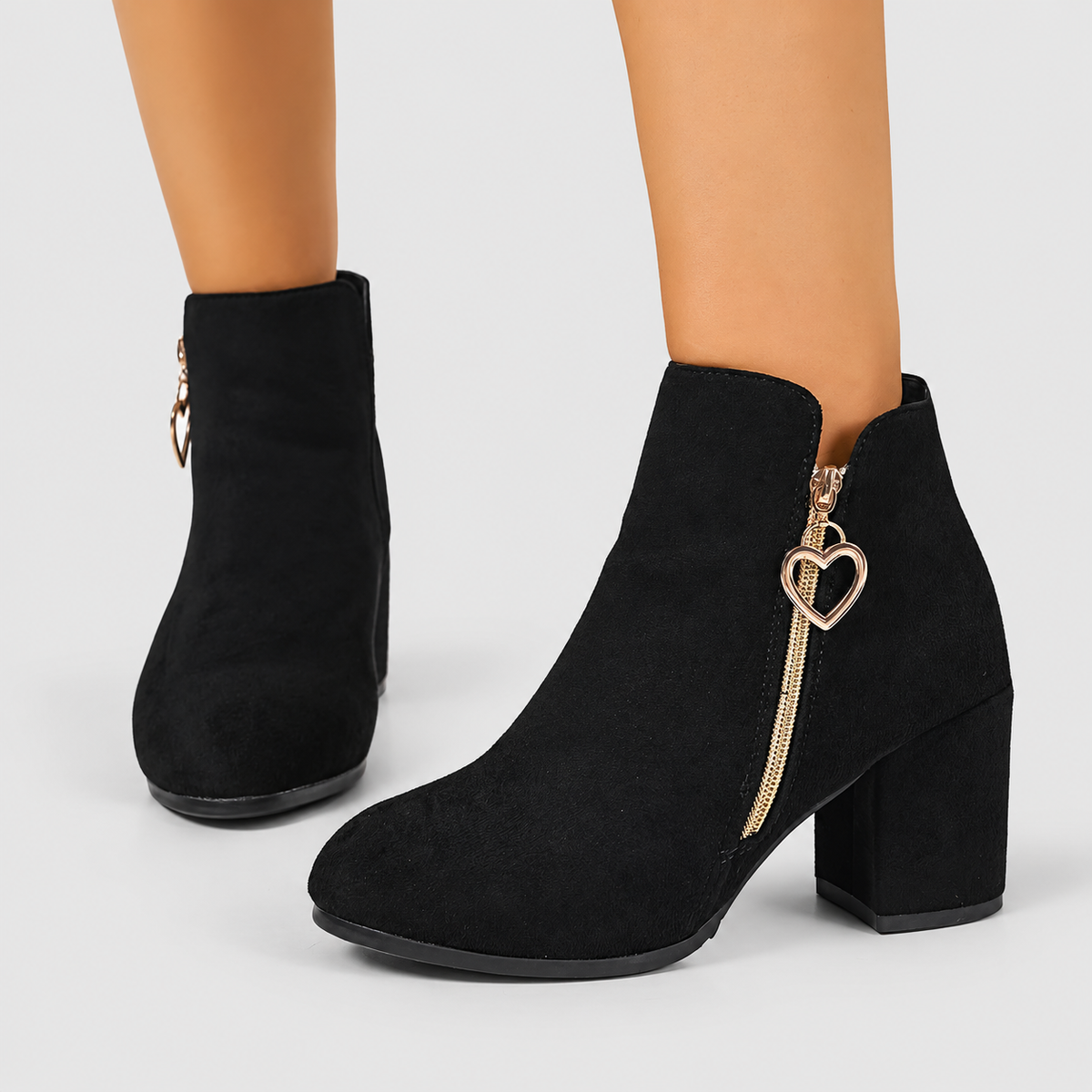 Women's Black Faux Suede Block-Heel Ankle Boots with Gold-Tone Heart Zip — view 2