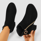 Women's Black Faux Suede Block-Heel Ankle Boots with Gold-Tone Heart Zip — view 3