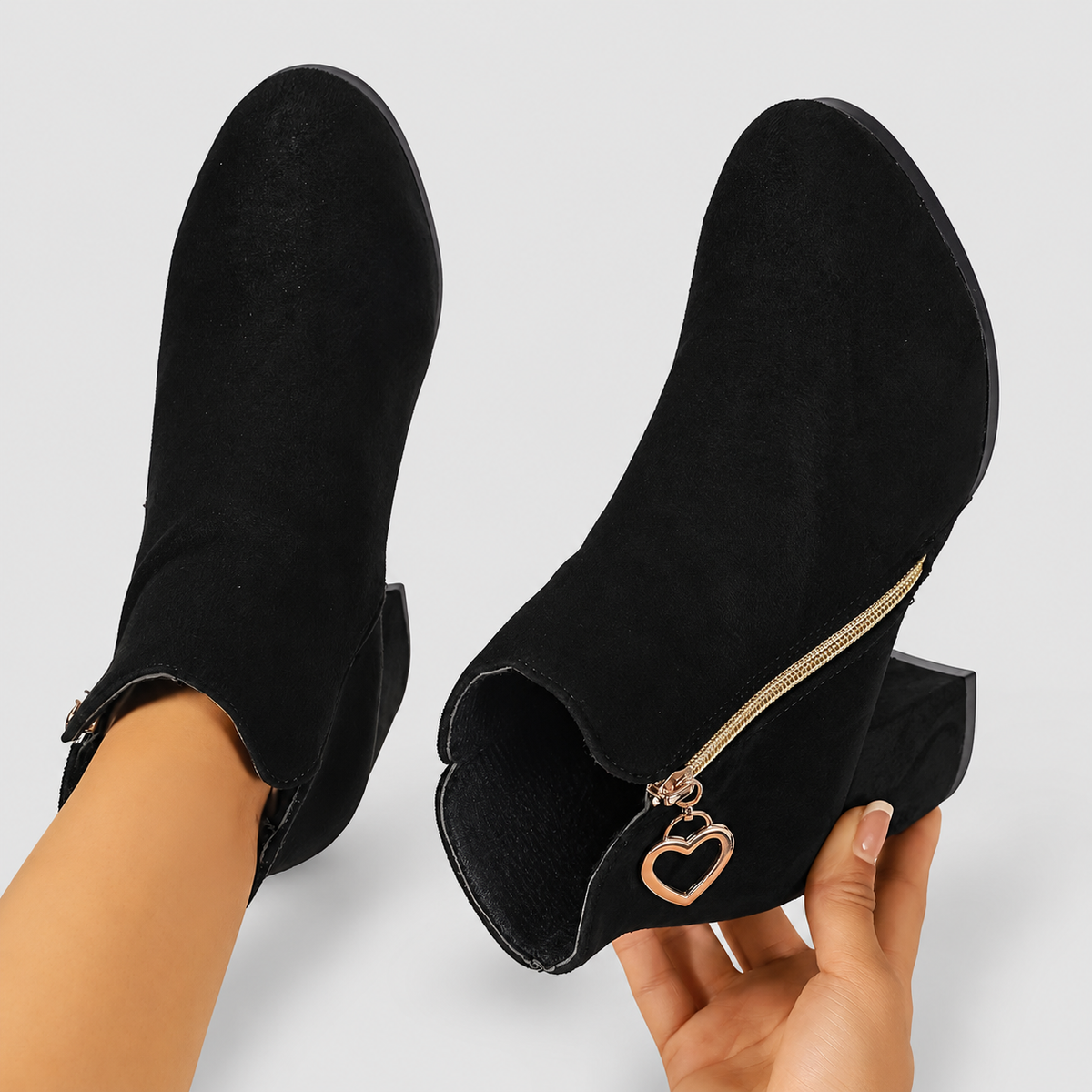 Women's Black Faux Suede Block-Heel Ankle Boots with Gold-Tone Heart Zip — view 3
