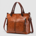 Women's Structured Tote Handbag with Front Pockets in Brown — view 1