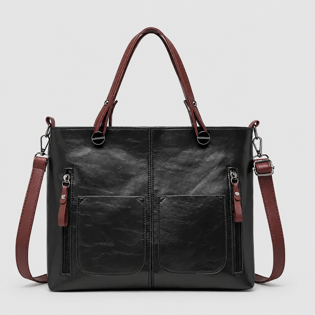 Women's Structured Tote Handbag with Front Pockets in Black — view 2