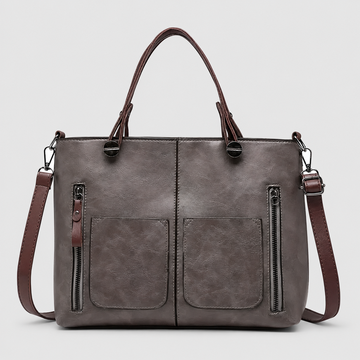 Women's Structured Tote Handbag with Front Pockets in Grey — view 3