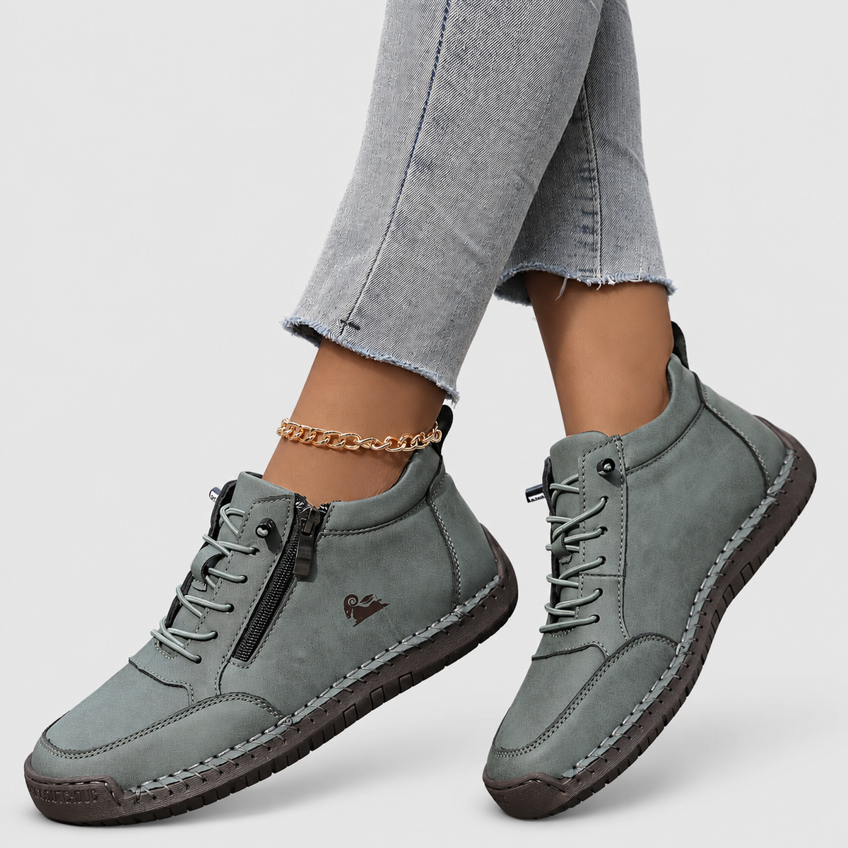 Women's Lace-Up Shoes with Side Zip in Green — view 1
