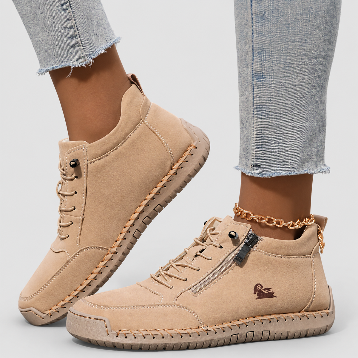 Women's Lace-Up Shoes with Side Zip in Khaki — view 11