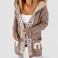 Women's Longline Hooded Knit Cardigan with Contrast Letter Trim in Brown — view 1