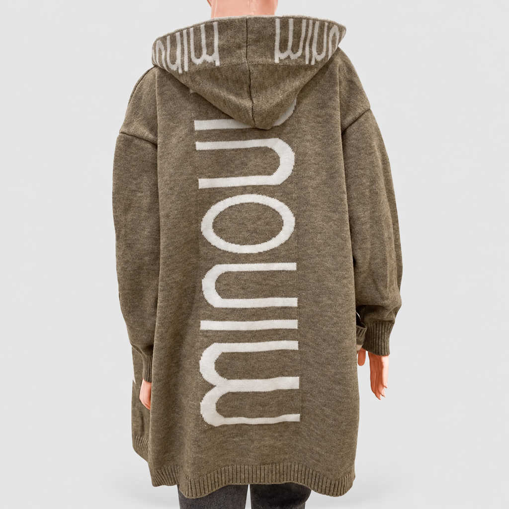 Women's Longline Hooded Knit Cardigan with Contrast Letter Trim — view 2