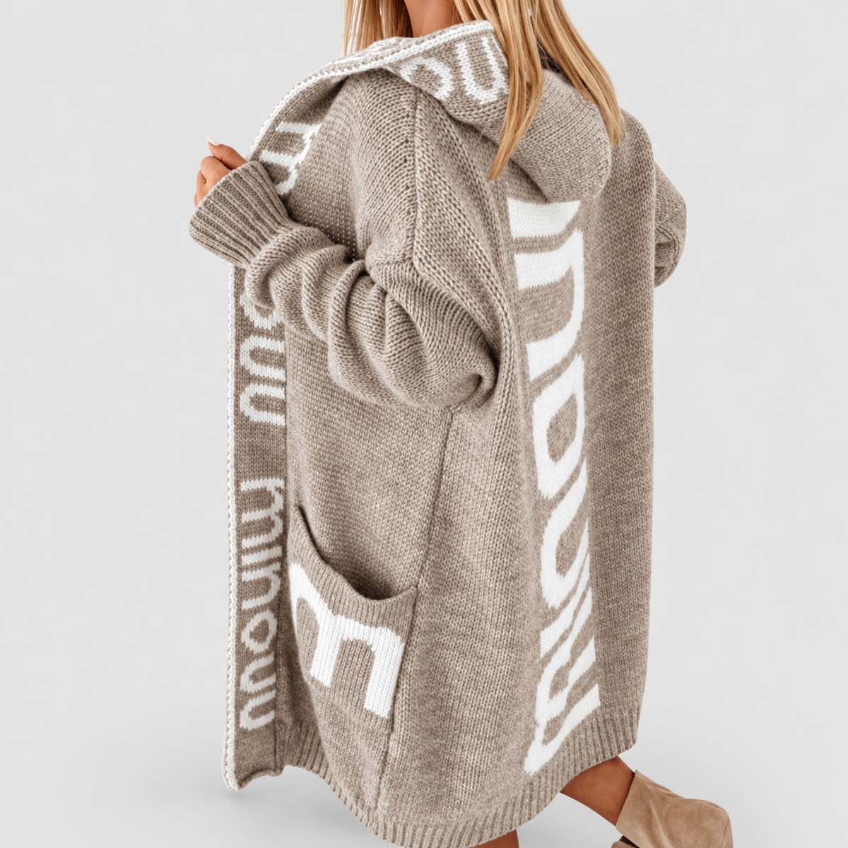Women's Longline Hooded Knit Cardigan with Contrast Letter Trim in Beige — view 4
