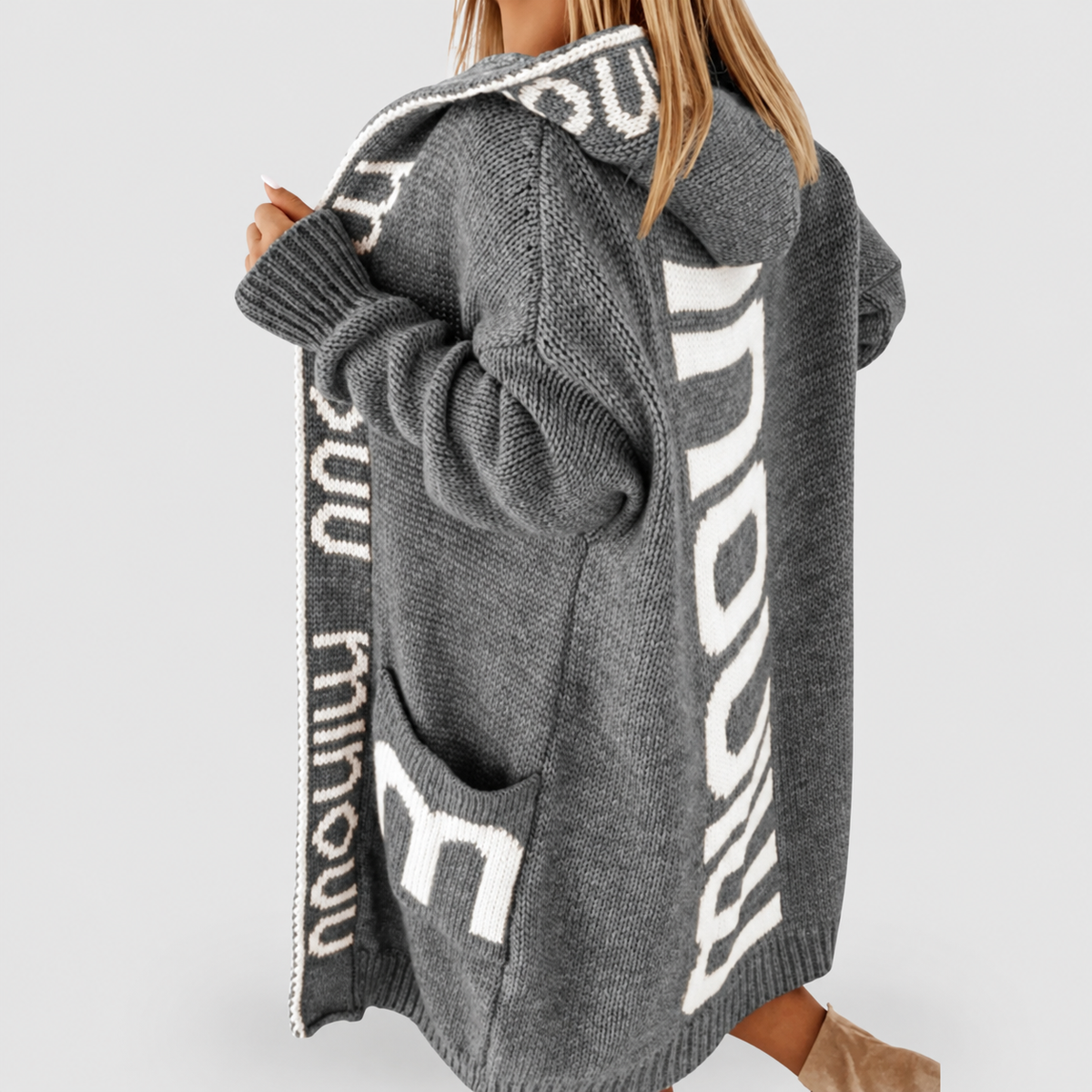 Women's Longline Hooded Knit Cardigan with Contrast Letter Trim in Grey — view 5