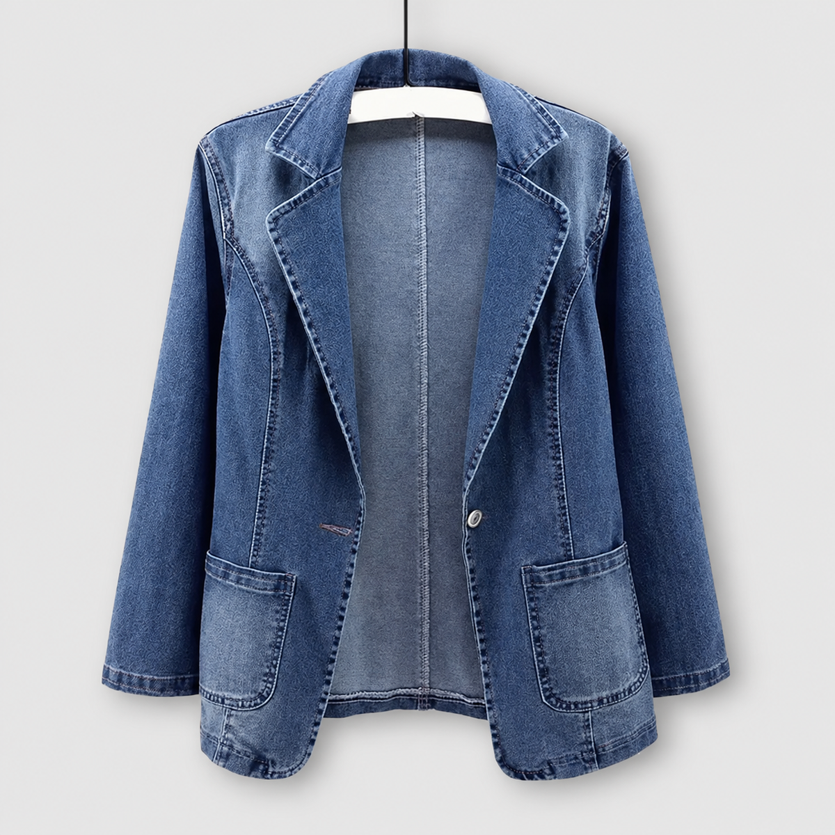 Women's Denim Blazer Jacket with Patch Pockets in Blue — view 1