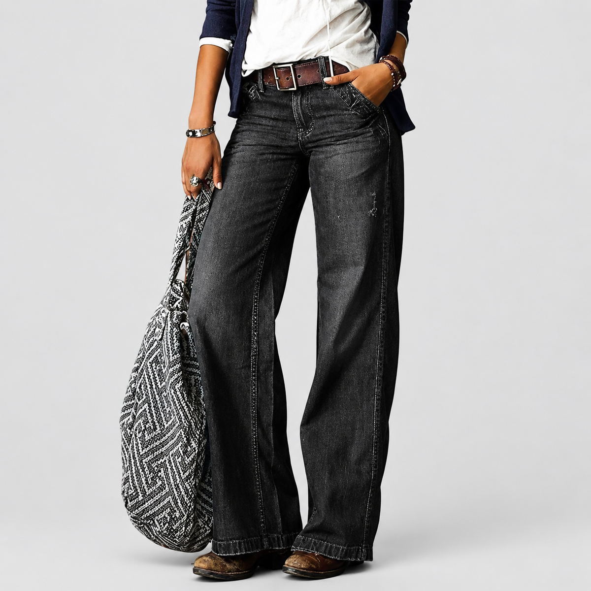 Women's Vintage-Wash Wide-Leg Jeans in Grey — view 4