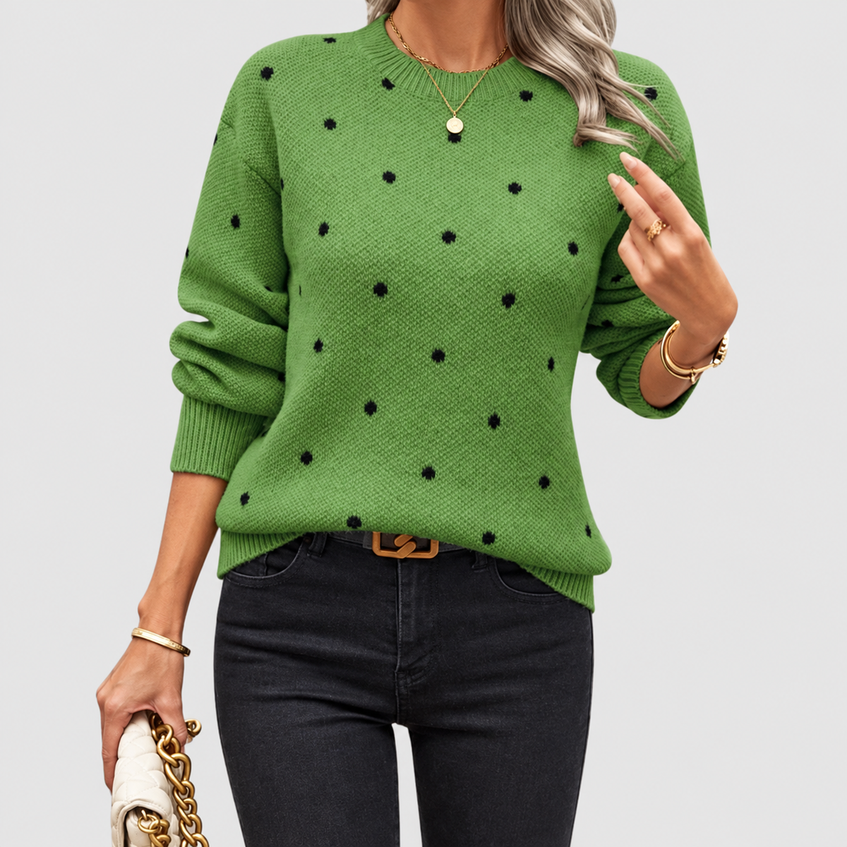 Women's Dotted Knit Crew-Neck Jumper with Long Sleeves in Green — view 2