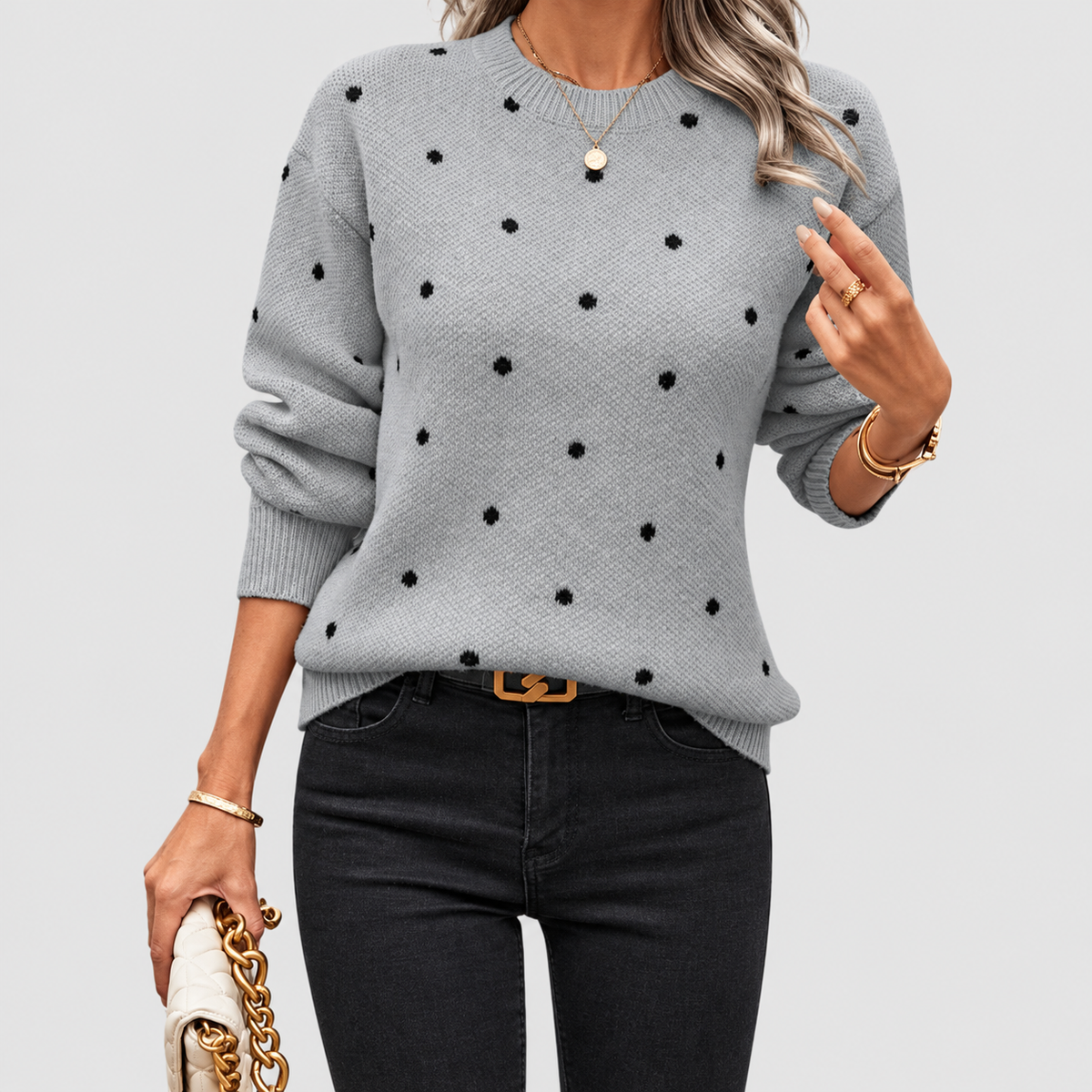 Women's Dotted Knit Crew-Neck Jumper with Long Sleeves in Grey — view 3