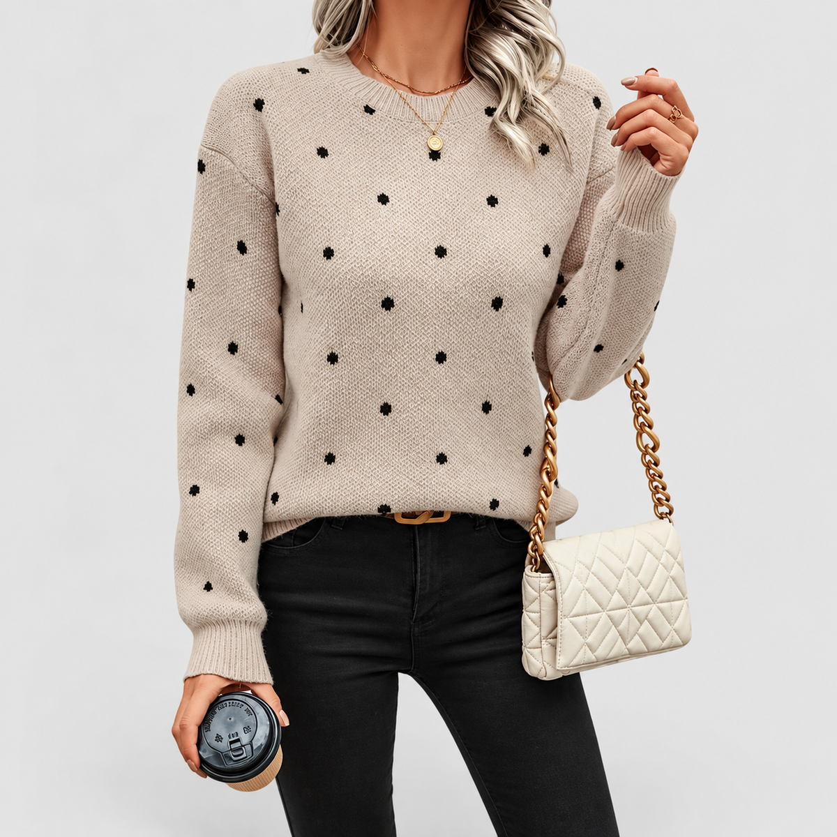 Women's Dotted Knit Crew-Neck Jumper with Long Sleeves — view 7