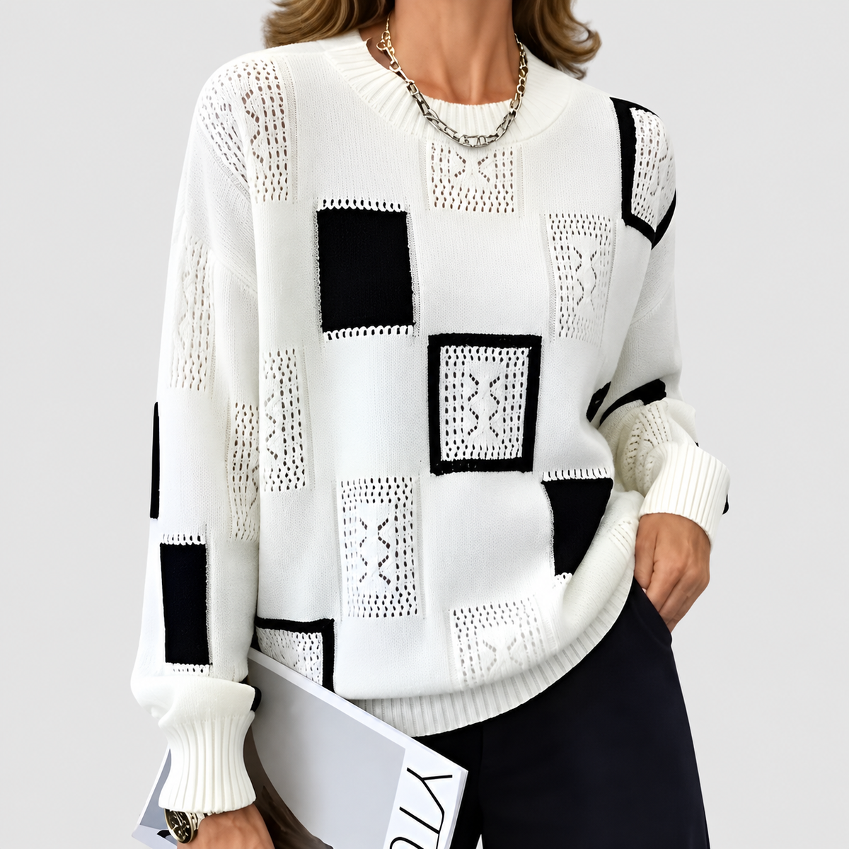 Women's Relaxed Jumper with Square Pattern in White — view 2