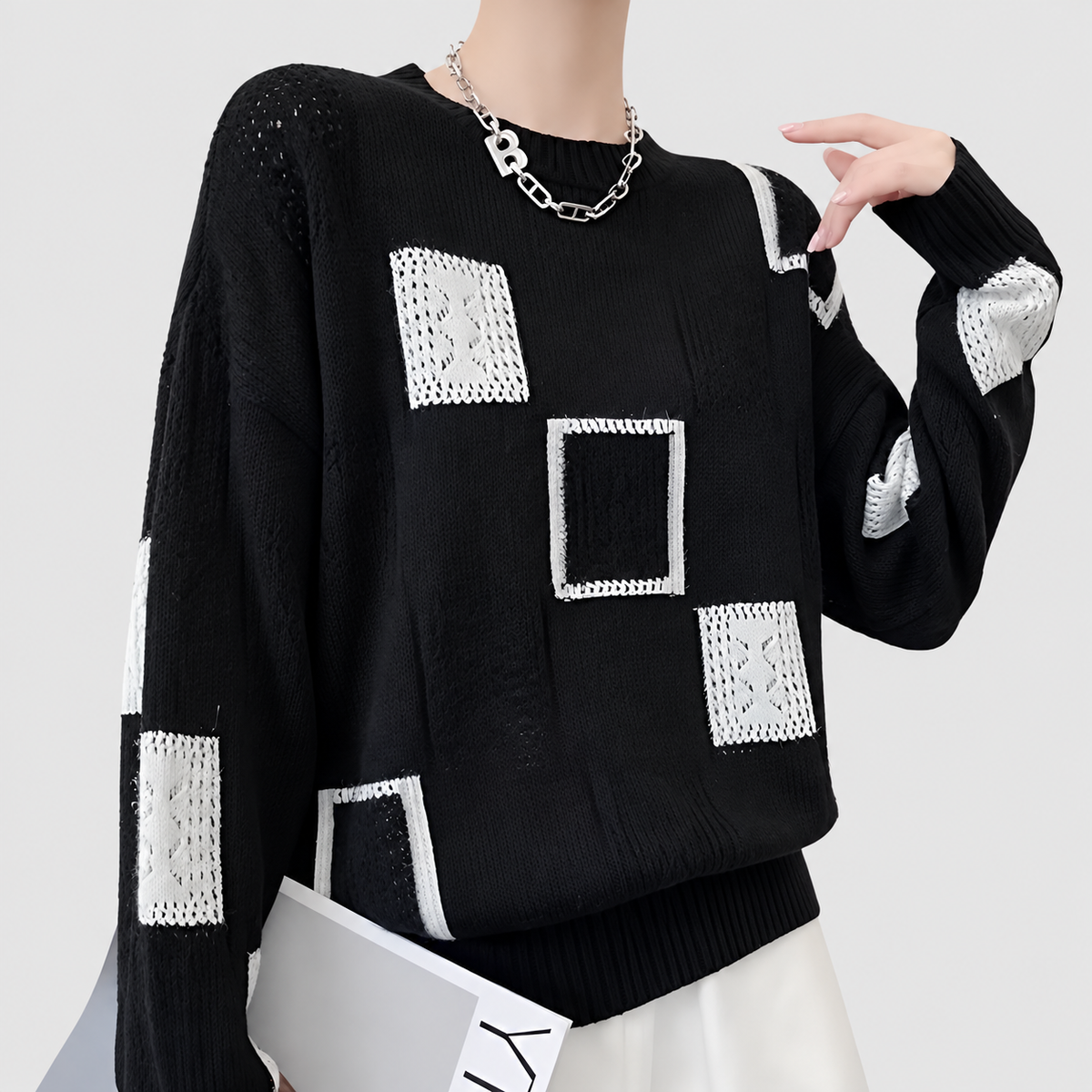 Women's Relaxed Jumper with Square Pattern in Black — view 5