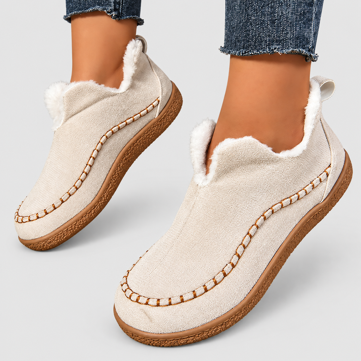 Women's Plush-Lined Suede-Look Ankle Boots with Contrast Stitching in Beige — view 1