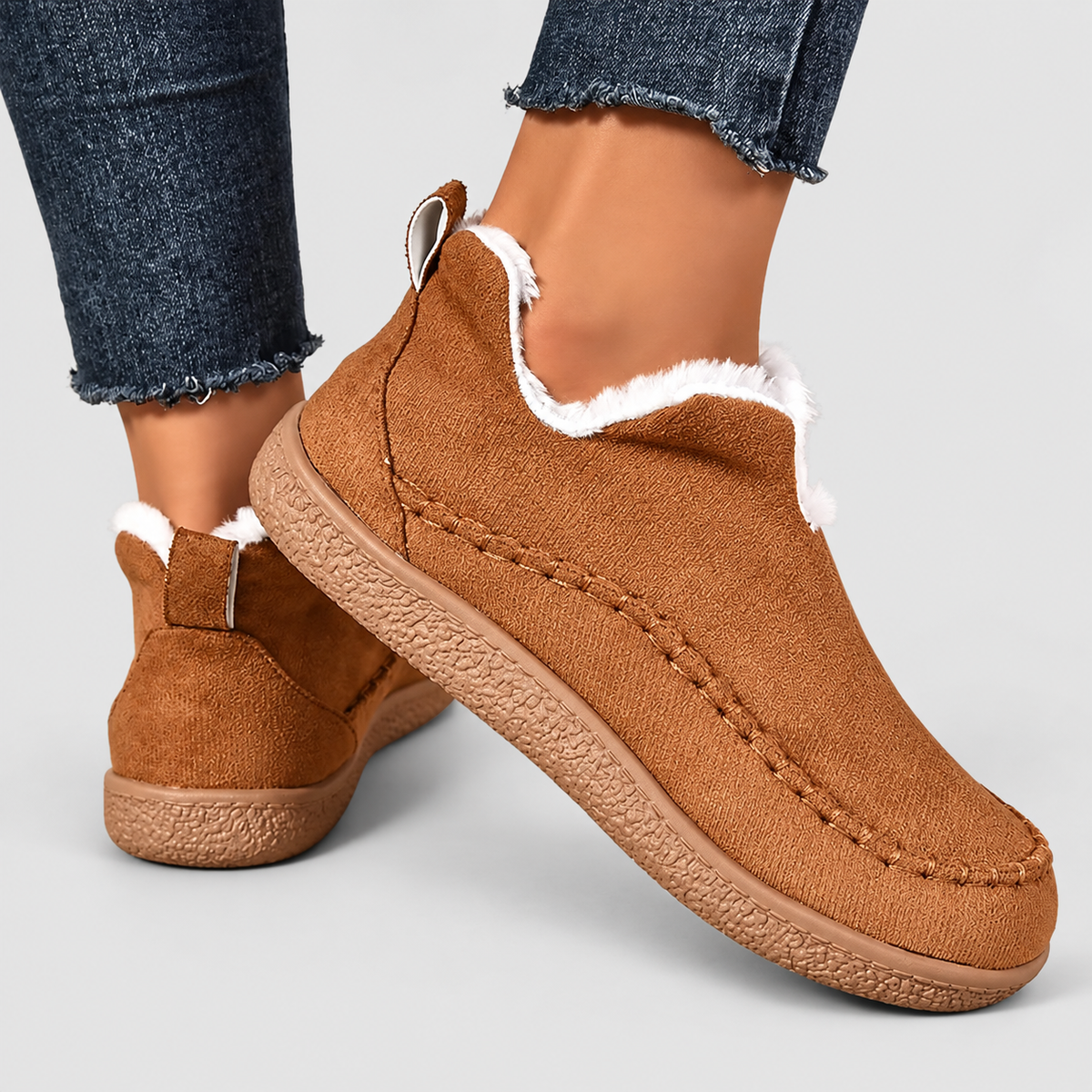 Women's Plush-Lined Suede-Look Ankle Boots with Contrast Stitching — view 3
