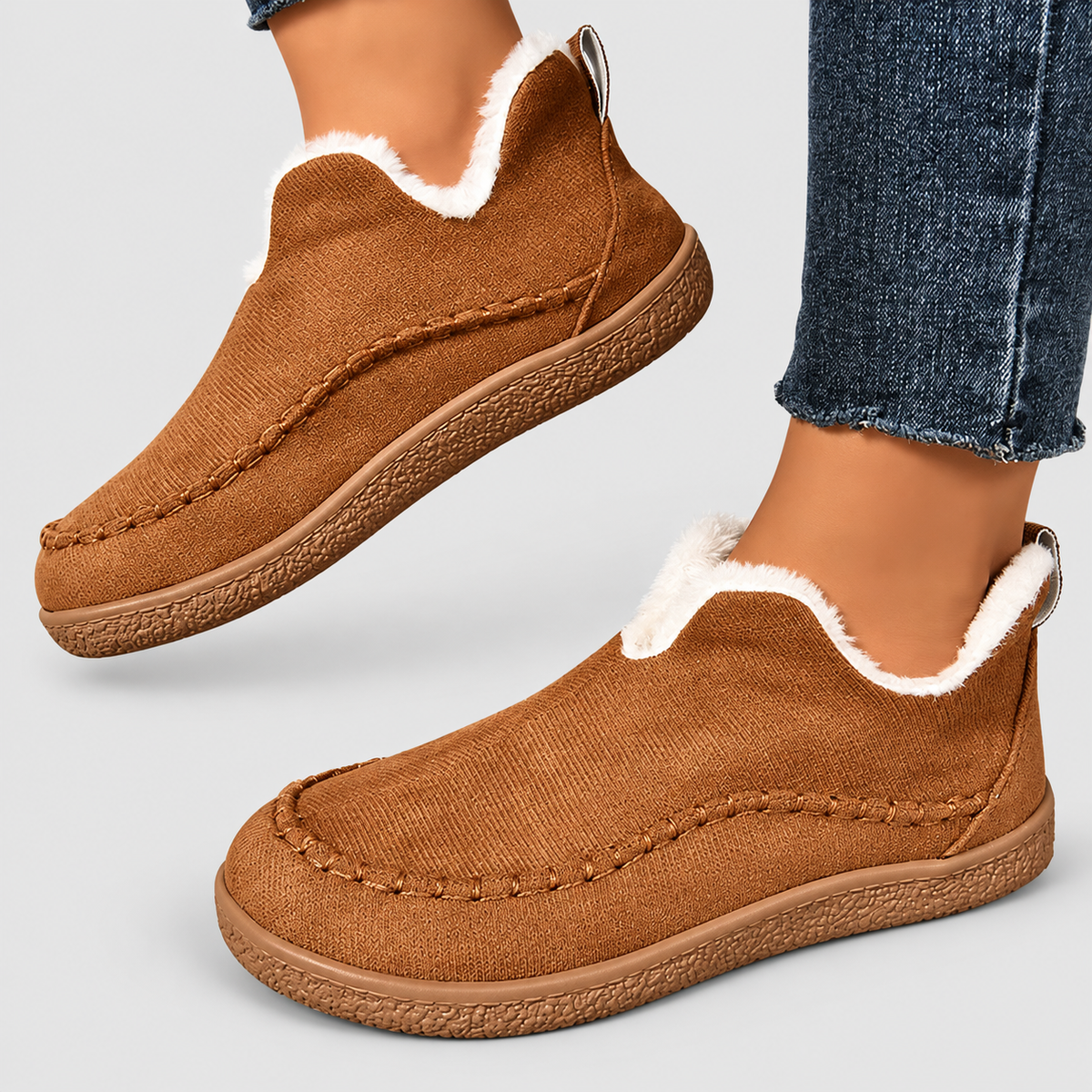 Women's Plush-Lined Suede-Look Ankle Boots with Contrast Stitching in Brown — view 4