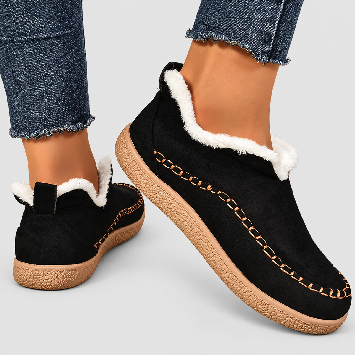 Women's Plush-Lined Suede-Look Ankle Boots with Contrast Stitching in Black — view 5