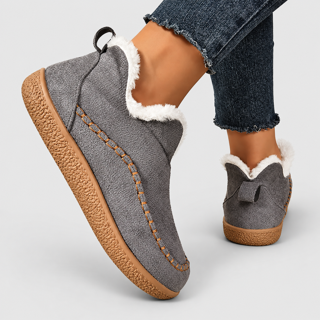 Women's Plush-Lined Suede-Look Ankle Boots with Contrast Stitching in Grey — view 6