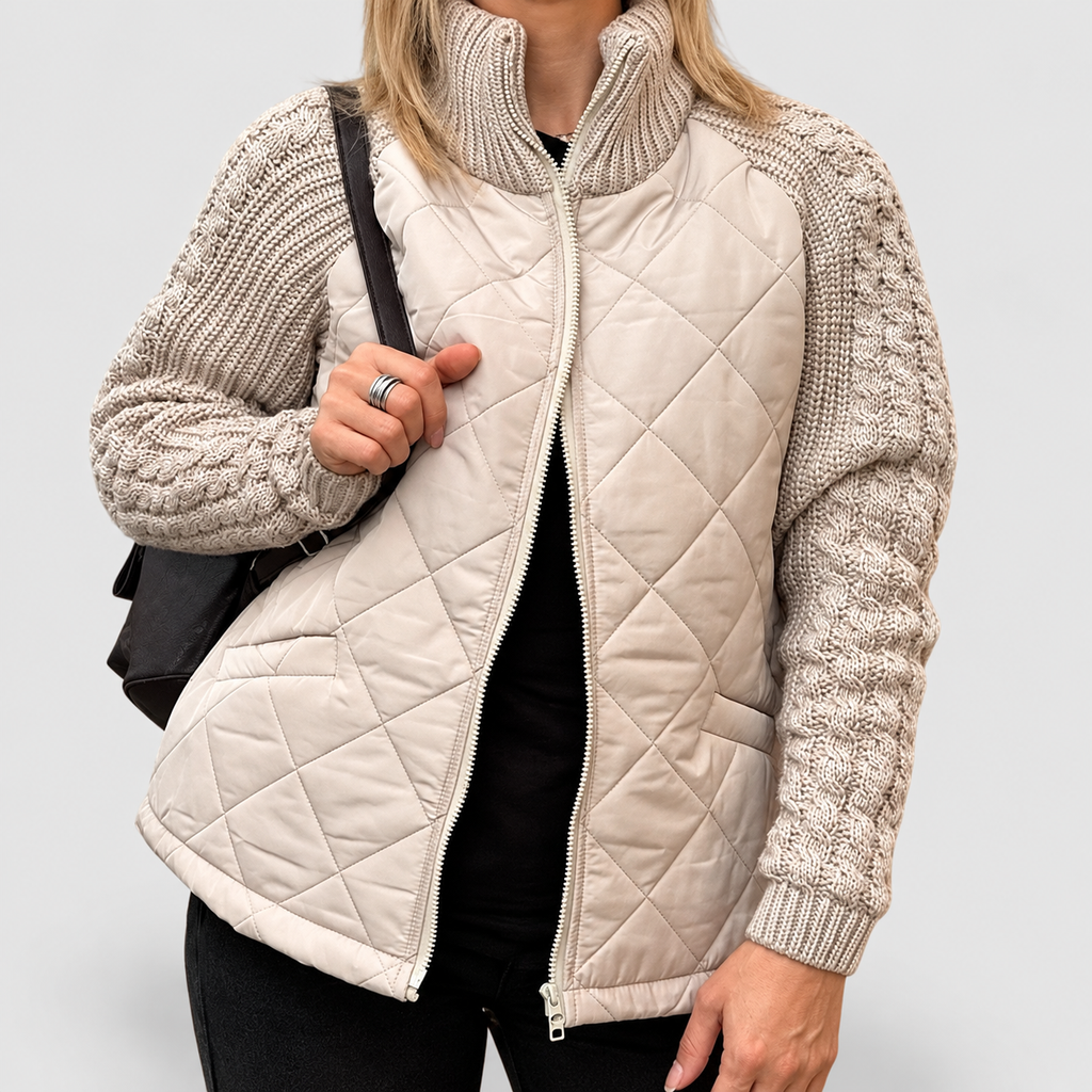 Women's Quilted Fleece Jacket with Knit Sleeves in Beige — view 1