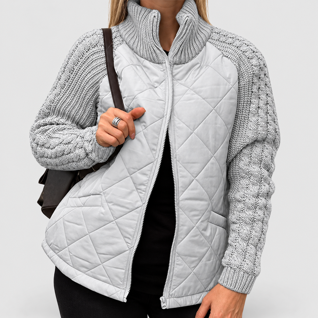 Women's Quilted Fleece Jacket with Knit Sleeves in Grey — view 3