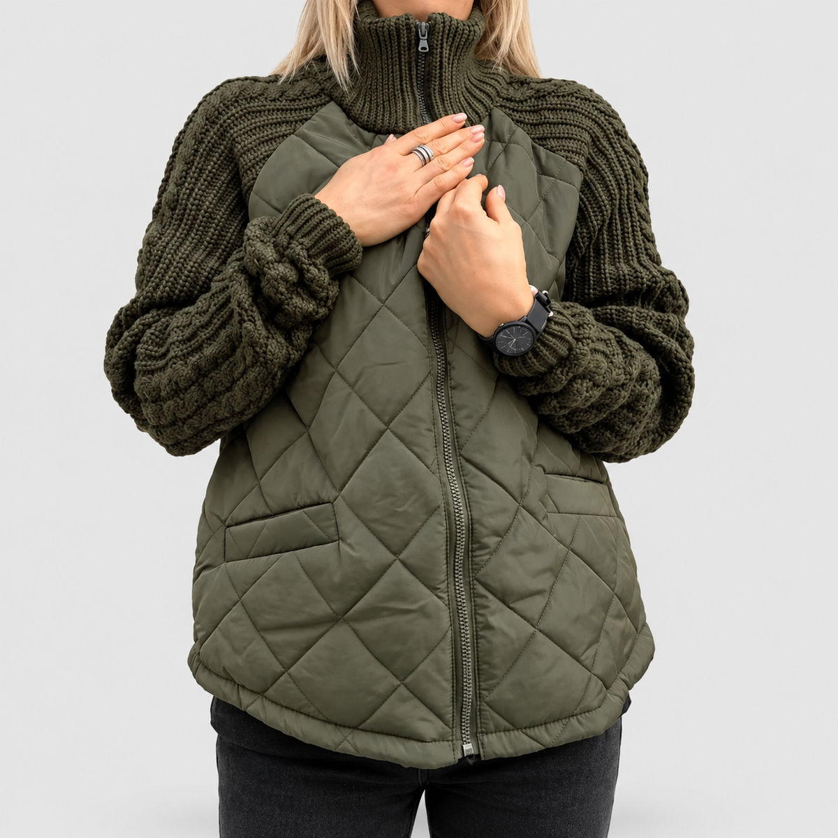 Women's Quilted Fleece Jacket with Knit Sleeves in Dark Green — view 4