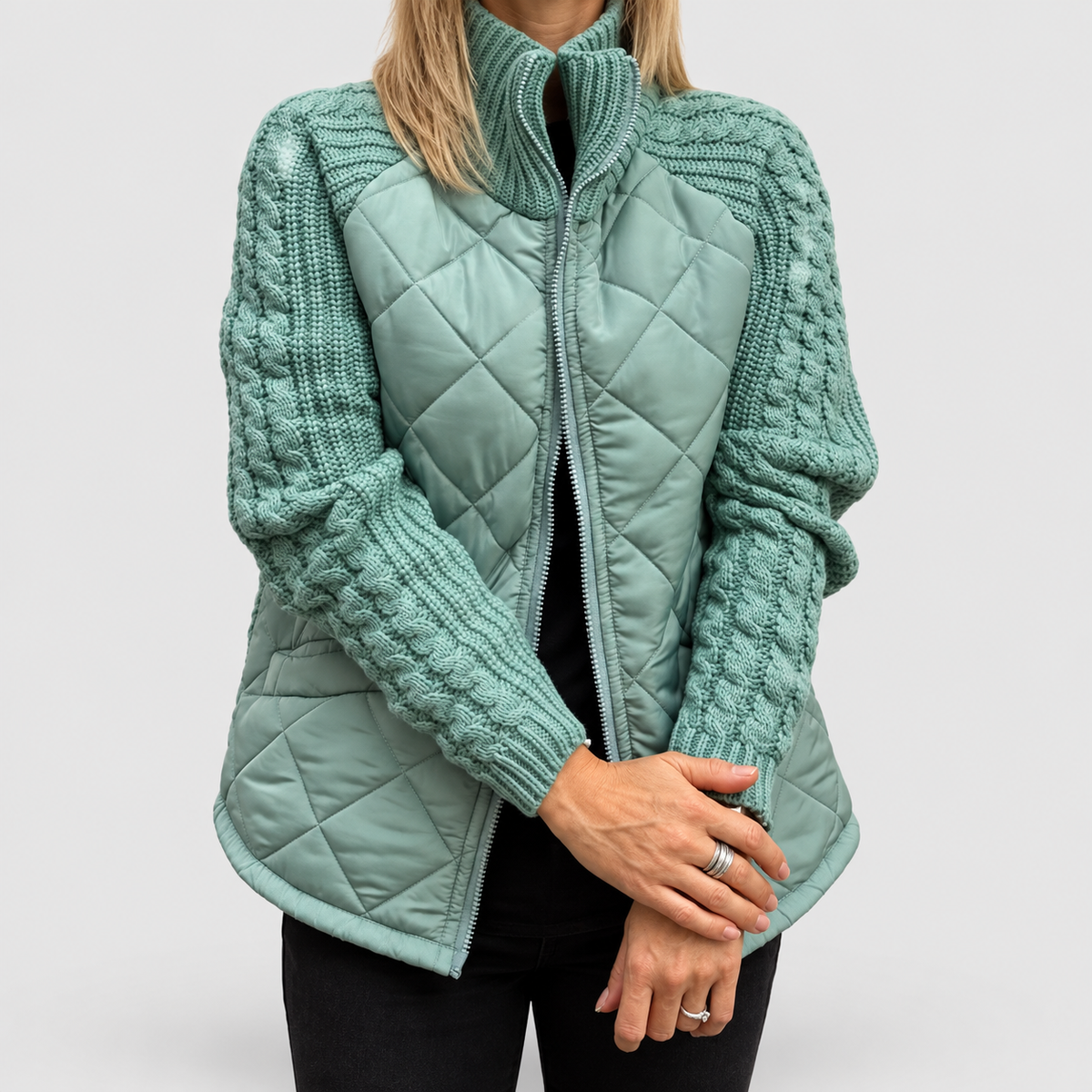 Women's Quilted Fleece Jacket with Knit Sleeves in Mint Green — view 5