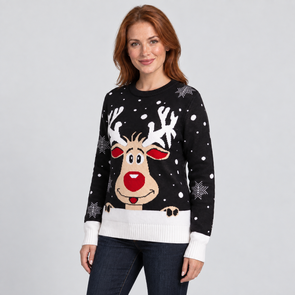 Holly Reindeer Christmas Jumper with Red Nose, black, three-quarter view