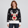 Holly Reindeer Christmas Jumper with Red Nose, black, front view