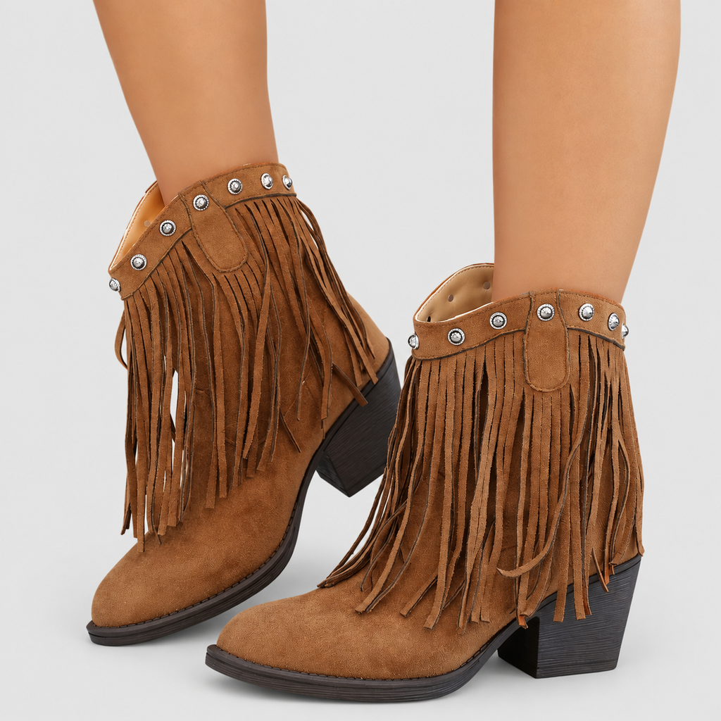 Women's Fringed Faux Suede Western Cowboy Boots in Brown — view 3