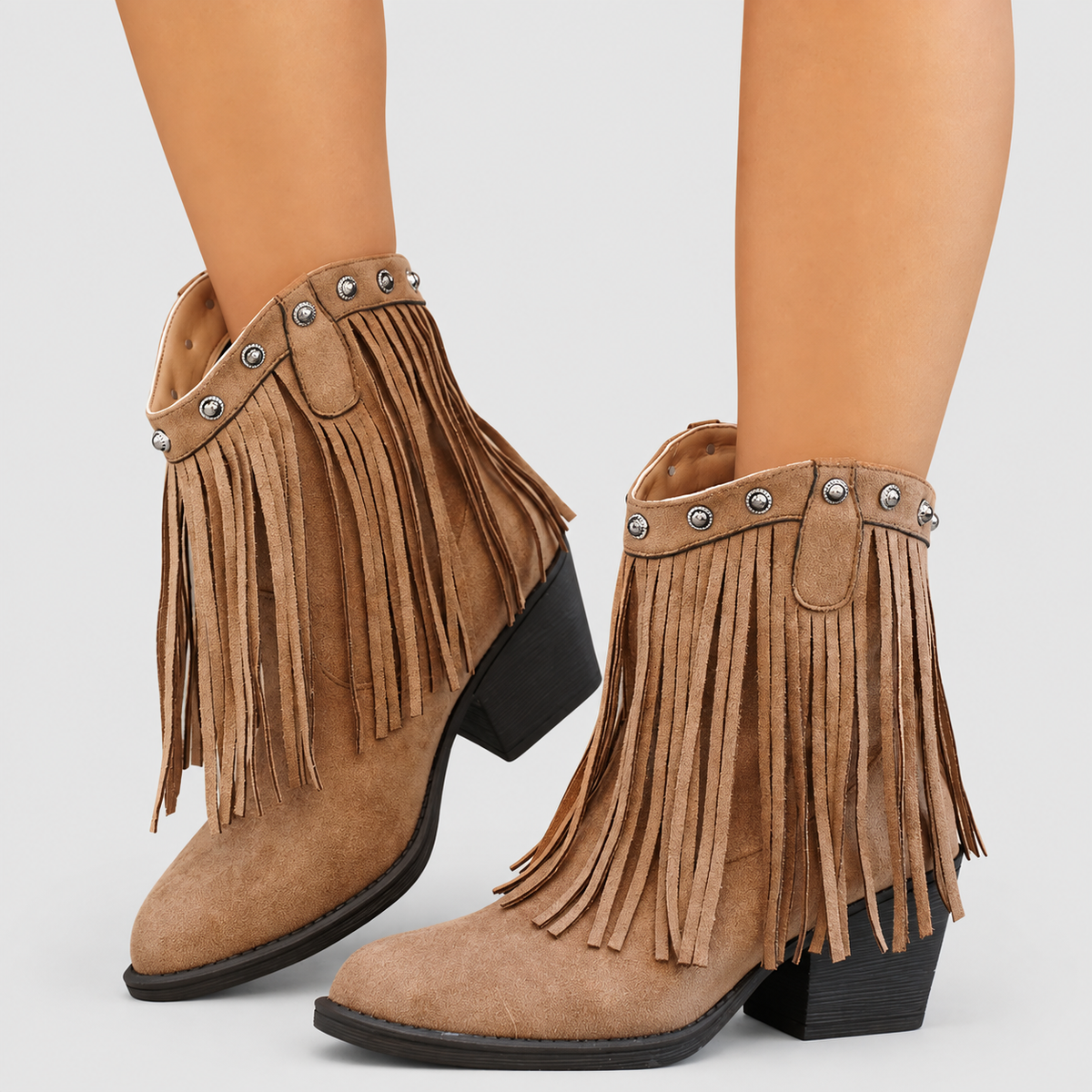 Women's Fringed Faux Suede Western Cowboy Boots in Beige — view 4