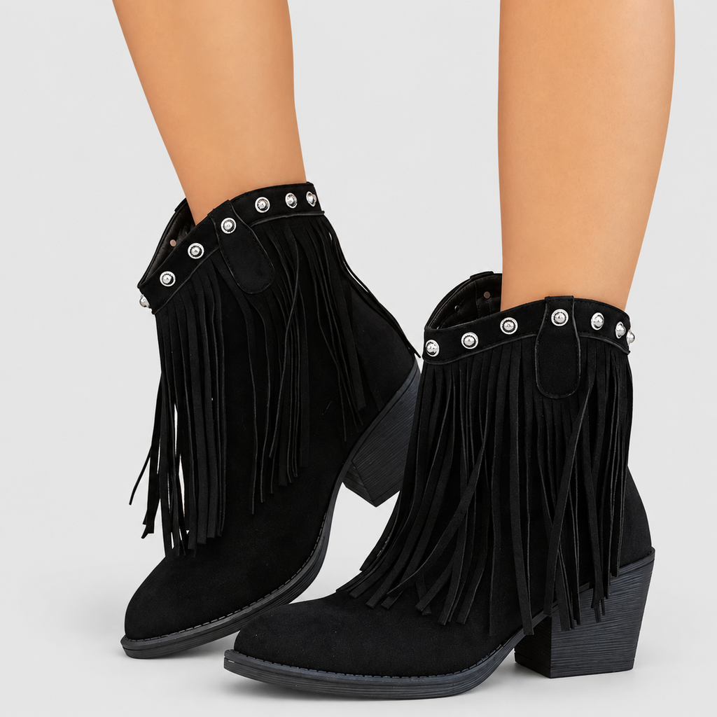 Women's Fringed Faux Suede Western Cowboy Boots in Black — view 8