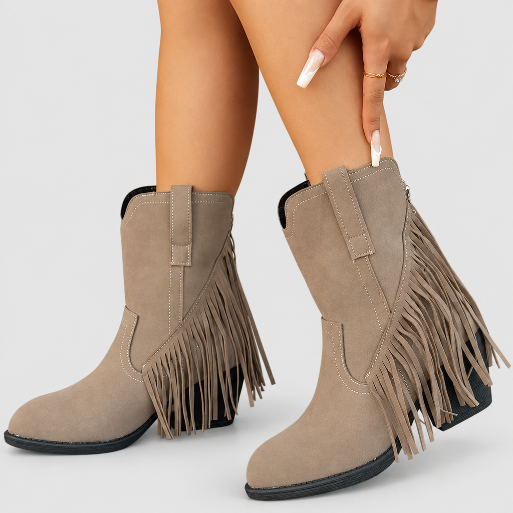 Women's Fringed Faux Suede Western Cowboy Boots in Grey — view 9
