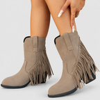 Women's Fringed Faux Suede Western Cowboy Boots in Grey — view 9