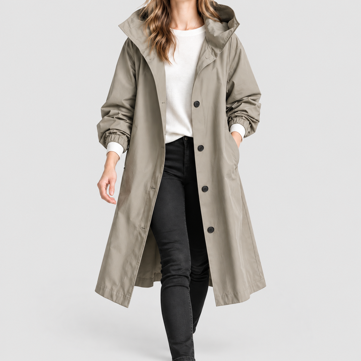 Women's Long Hooded Button-Front Coat in Grey — view 1