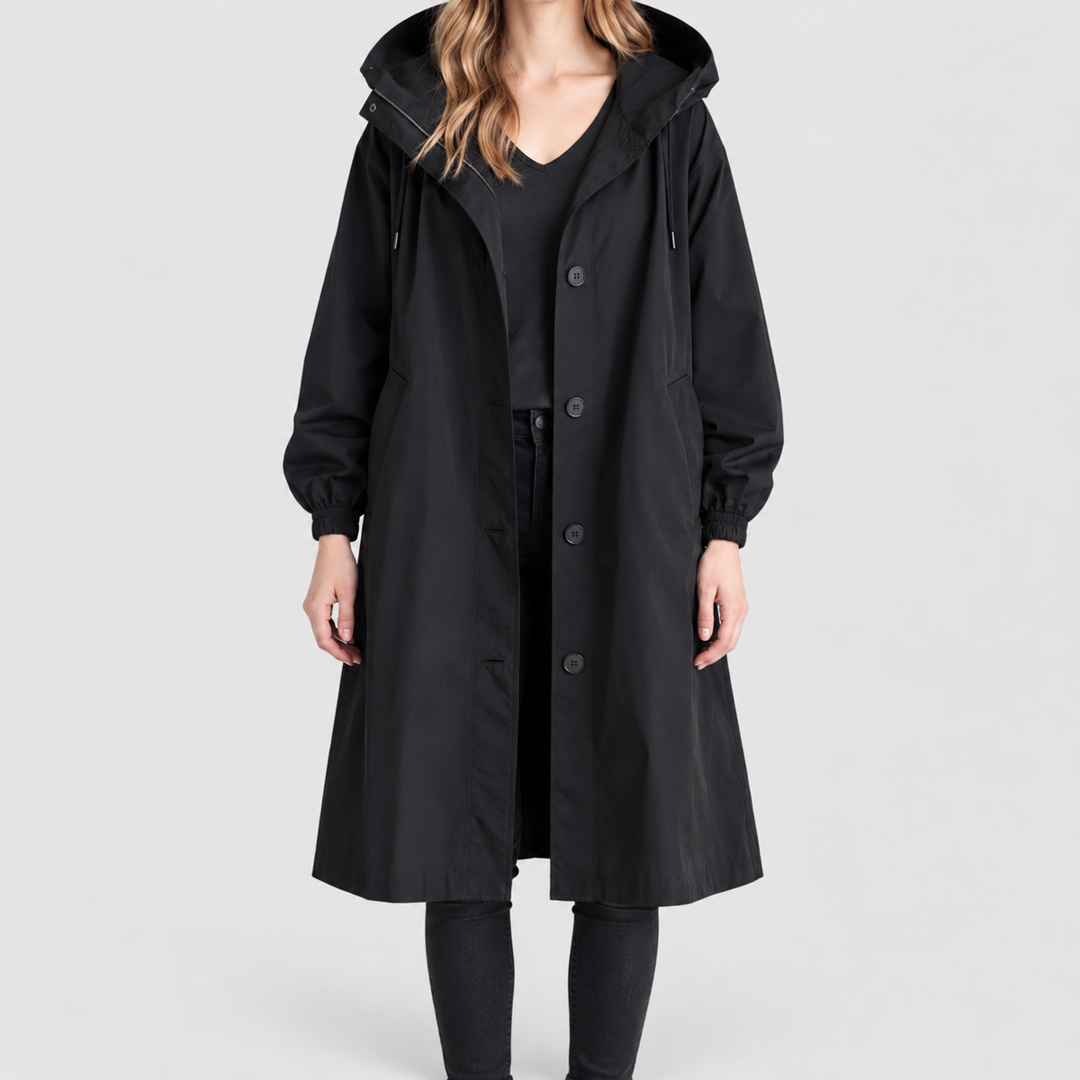 Women's Long Hooded Button-Front Coat in Black — view 2