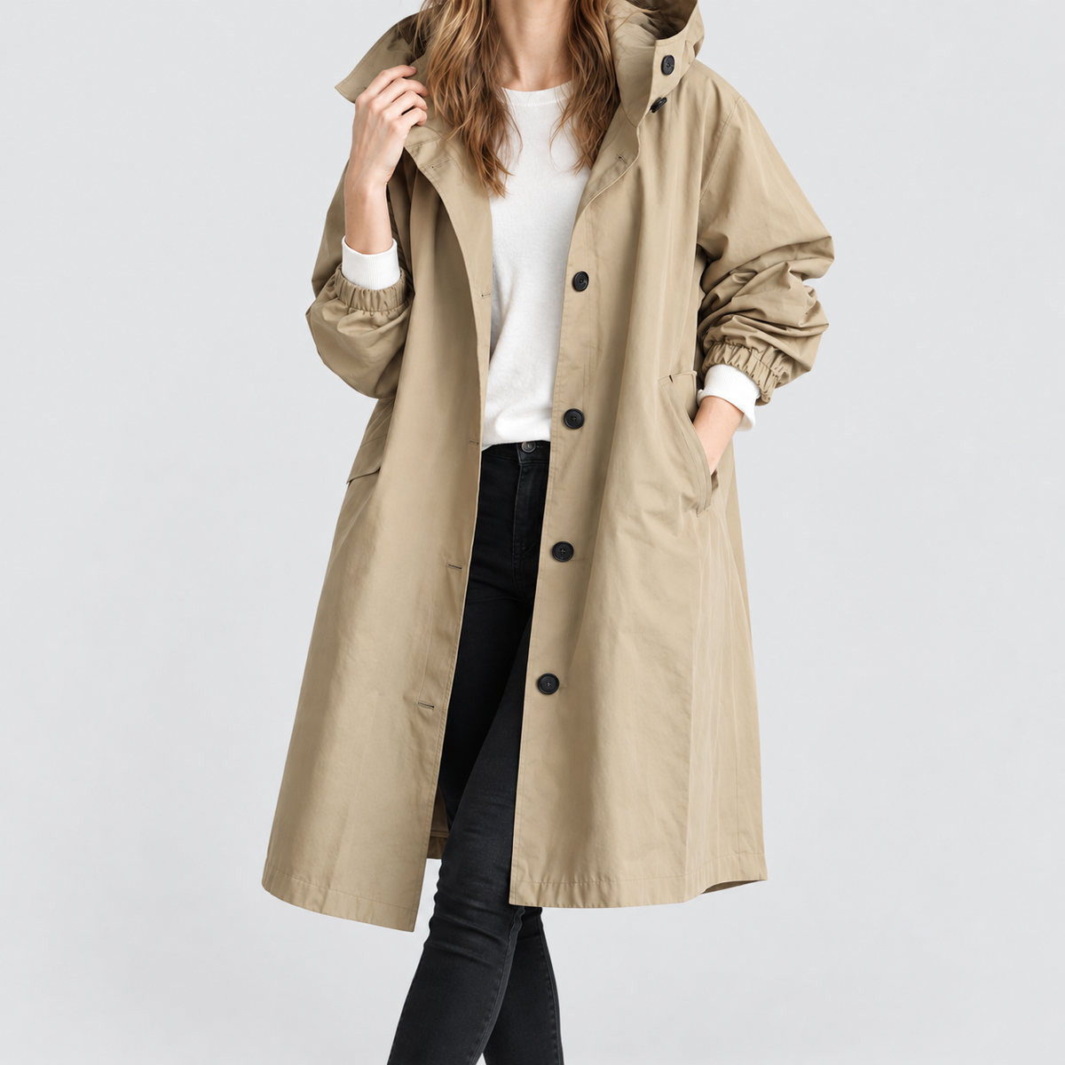Women's Long Hooded Button-Front Coat in Brown — view 3