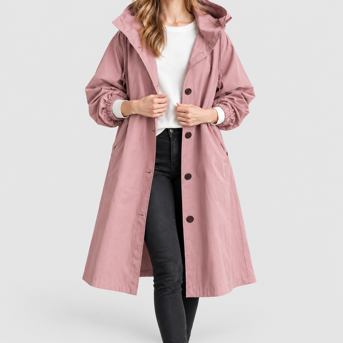 Women's Long Hooded Button-Front Coat in Pink — view 4