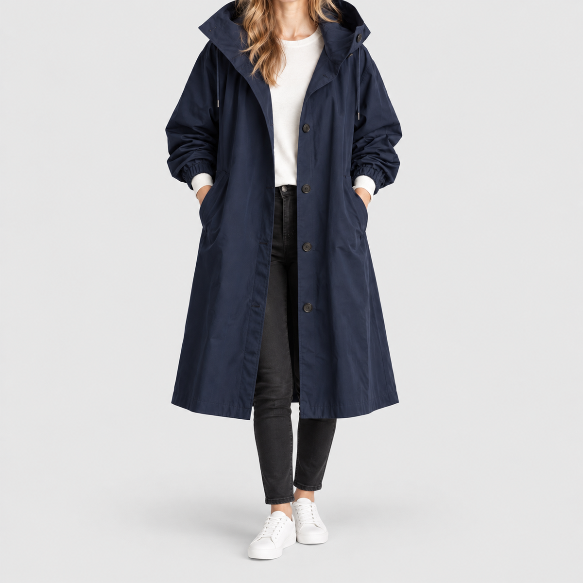 Women's Long Hooded Button-Front Coat in Blue — view 5