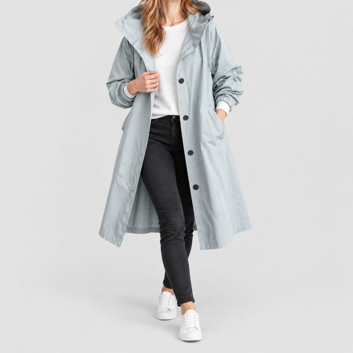 Women's Long Hooded Button-Front Coat in Light Blue — view 6
