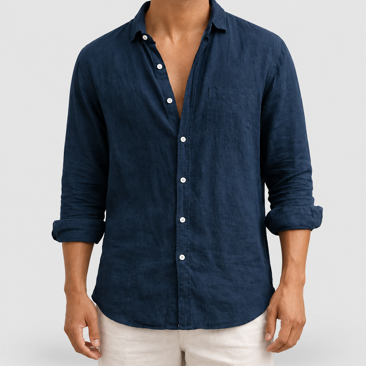 Men's Long-Sleeve Cotton Shirt with Classic Collar in Navy — view 1