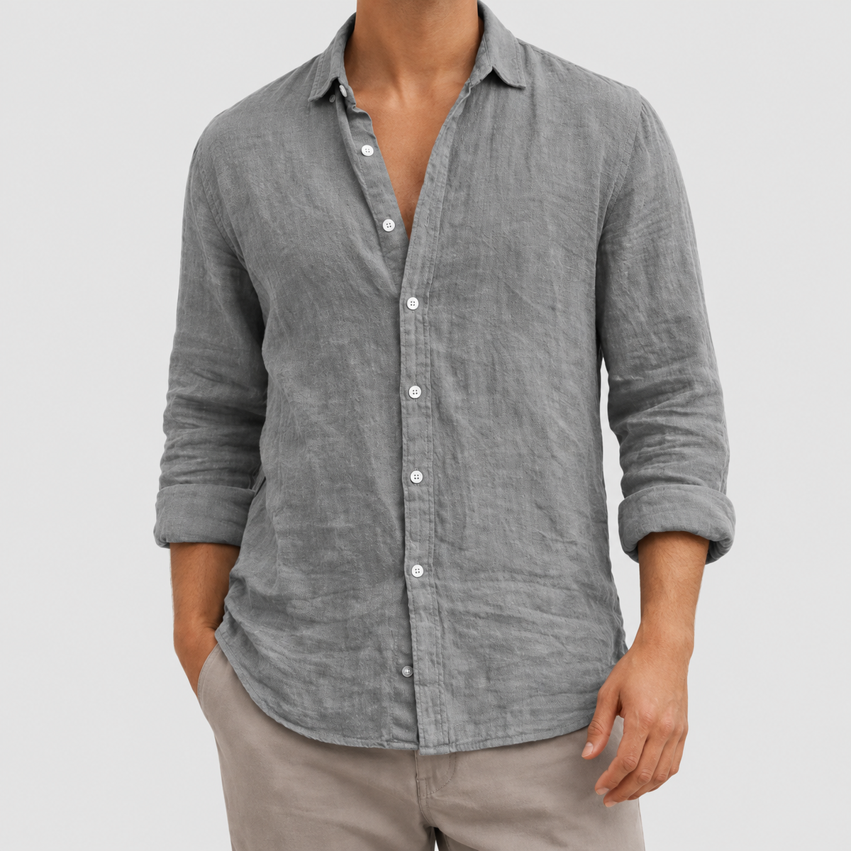 Men's Long-Sleeve Cotton Shirt with Classic Collar in Grey — view 4